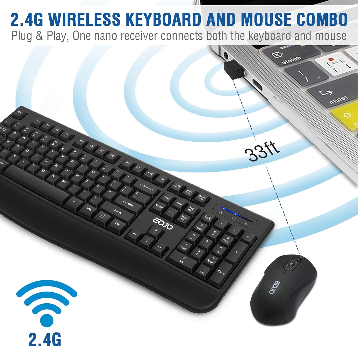 Wireless Keyboard and Mouse Combo, EDJO 2.4G Full-Sized Ergonomic Computer Keyboard with Wrist Rest and 3 Level DPI Adjustable Wireless Mouse for Windows, Mac OS Desktop/Laptop/PC: Computers & Accessories