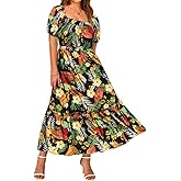 CARCOS Plus Size Dresses for Curvy Women Off Shoulder Square Neck Puff Sleeve Smocked Maxi Summer Dresses with Pocket XL-5XL