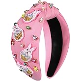 vokone Easter Headbands for Women Girls Cute Easter Bunny Headband Jeweled Crystal Embellished Knotted Headband Holiday Party Hair Accessories (Beaded Bunny-Pink)