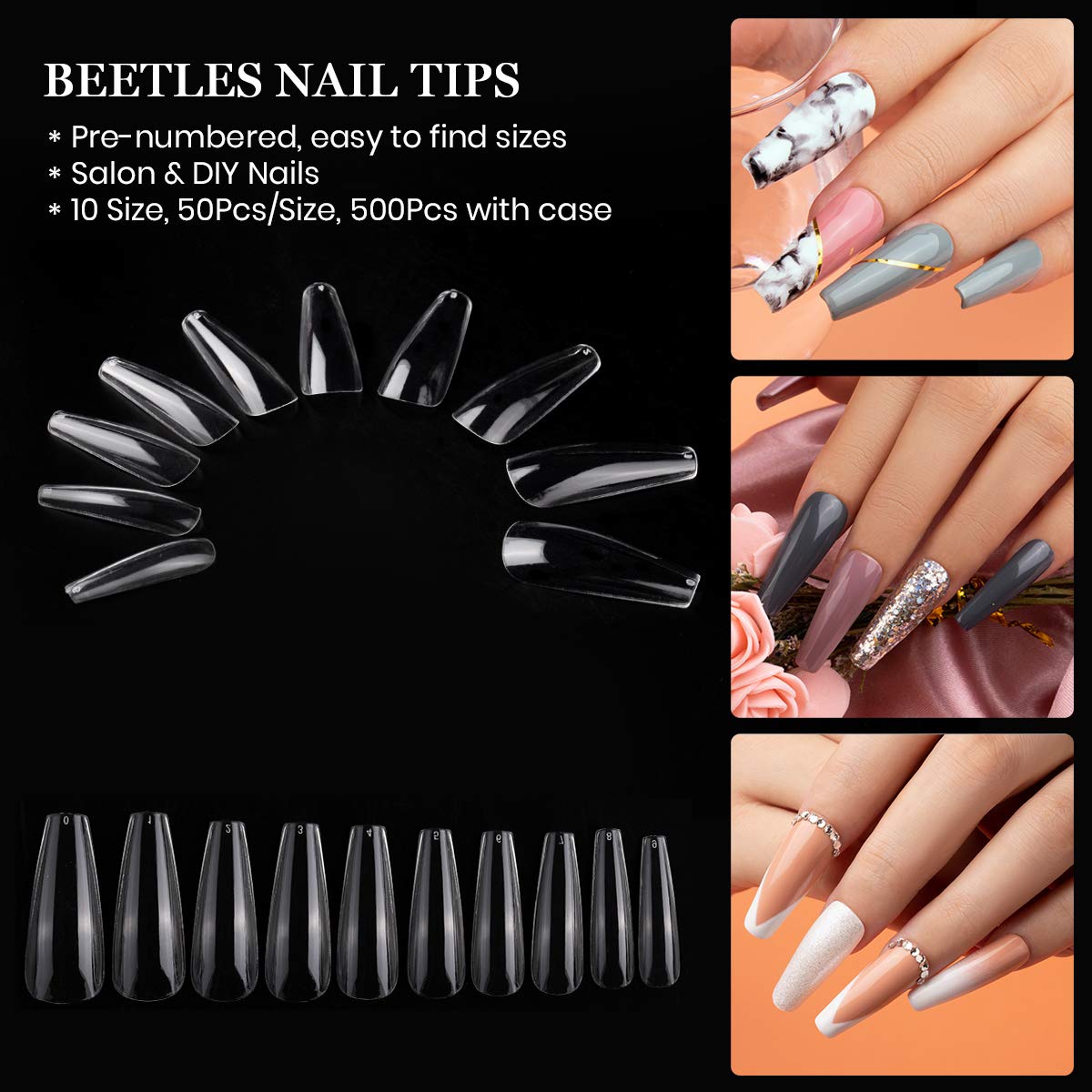 Long Coffin Fake Nail Tips - Beetles Gel Polish 500Pcs Acrylic Press on Nails Clear Artificial False Nails with Nail Glues for Acrylic Nail/Dip Powder Nails/Poly Nail Extension Gel Nail Art DIY Home: Beauty