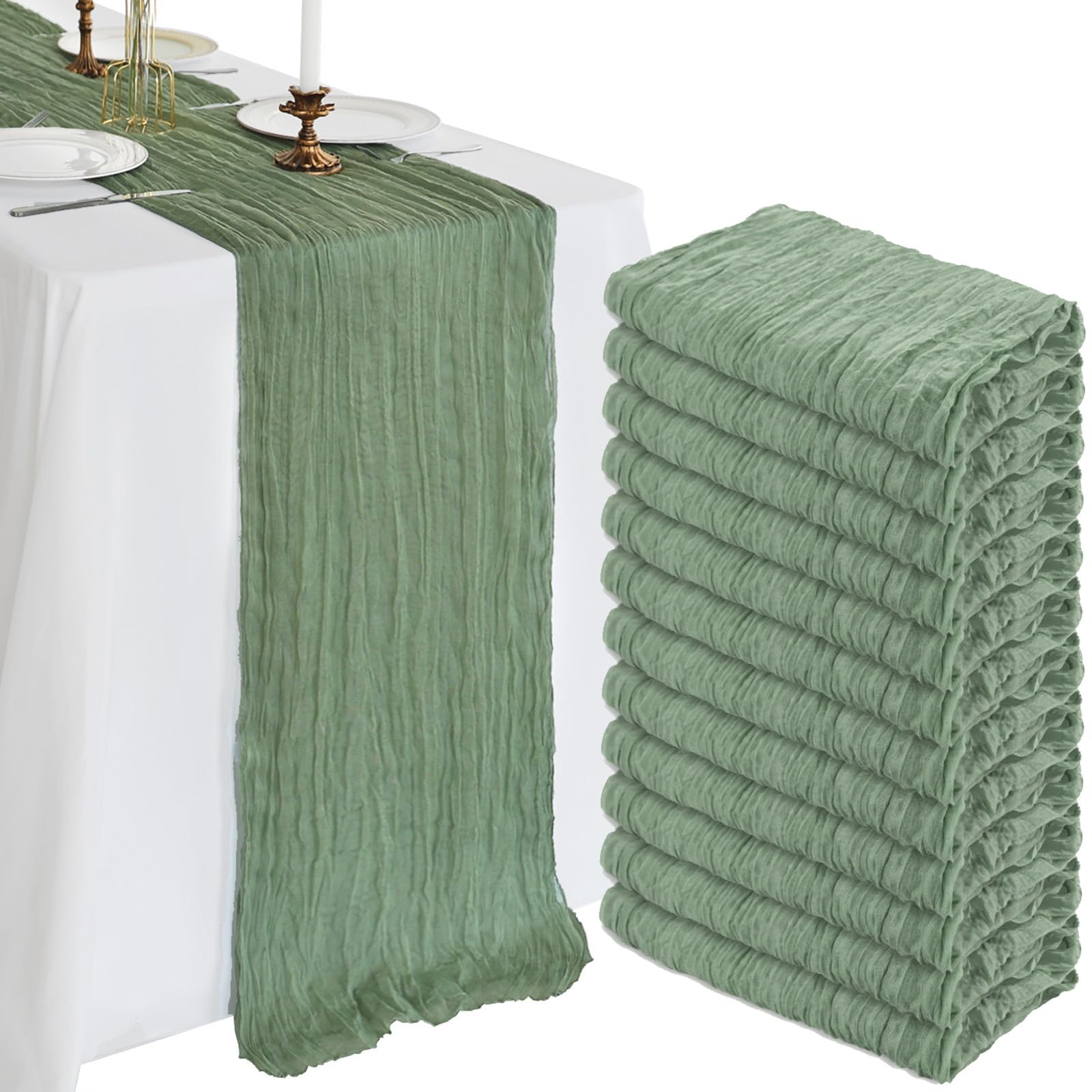 Photo 1 of 12 Pack 10FT Sage Green Cheesecloth Table Runner 120 Inch Long Gauze Rustic Boho Cheese Cloth Table Runner Sheer Fabric for Wedding Party Birthday Bridal Baby Shower Summer Centerpiece Home Decor