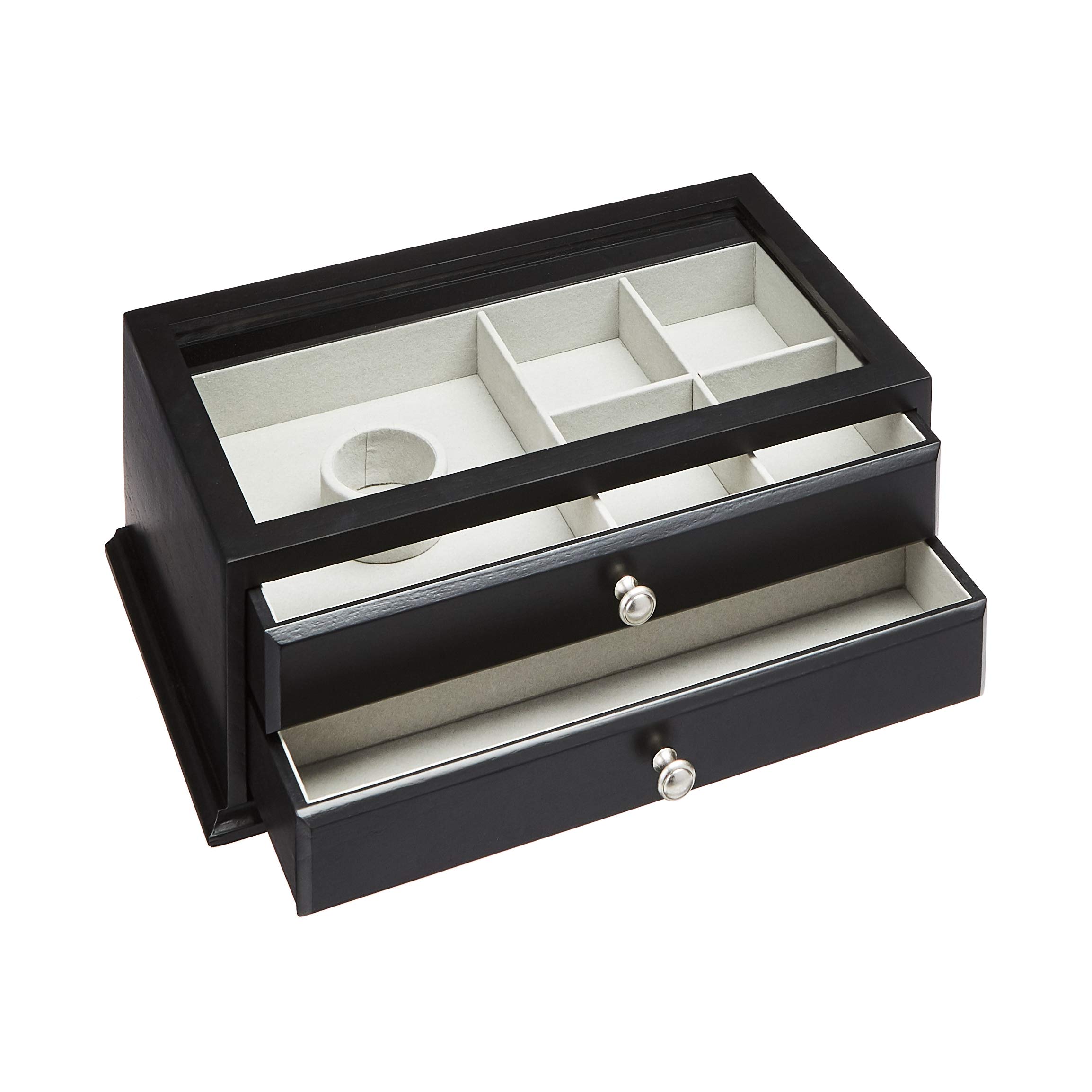 Amazon Basics Wooden Jewelry/Watch Box with Glass Top 2Drawer, Black