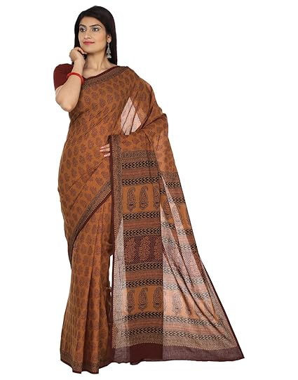 Finest Quality Cotton - Handmade Deep Orange, Black and Maroon Booti with Bold Prints - Bagh Block Print Saree with Blouse Piece