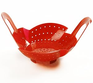 Norpro 205 Silicone Steamer Basket with Locking Handle, 8.75 by 8.5 by 3.5-Inch, Red