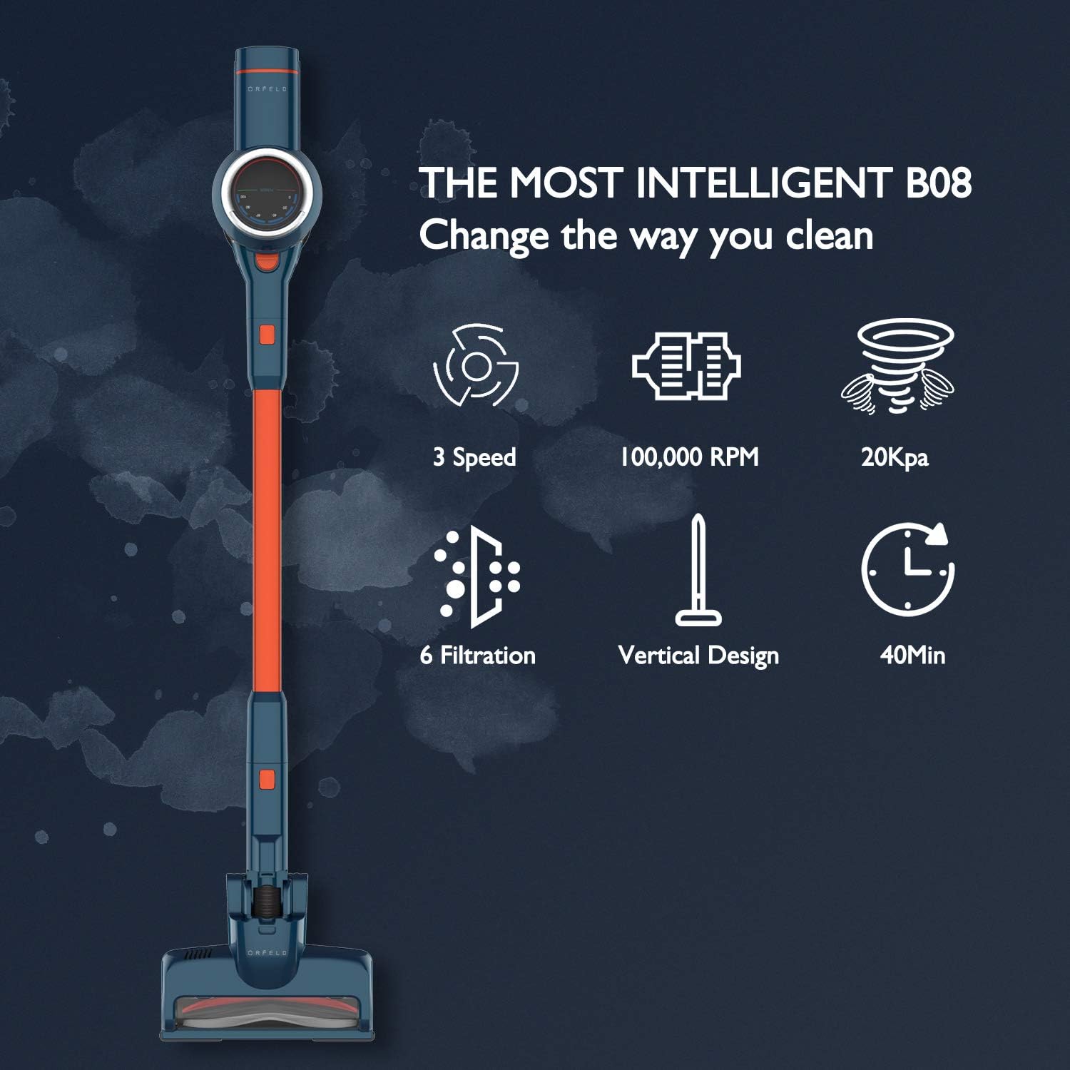 ORFELD Cordless Vacuum, 20000pa Stick Vacuum 5 in 1, 3 Gear Adjustment