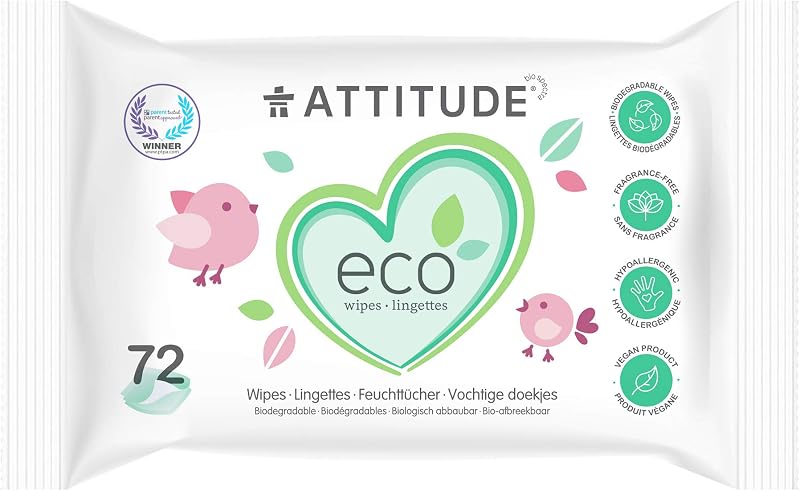 ATTITUDE Biodegradable Baby Wipes Plant Based Unscented 72 Count