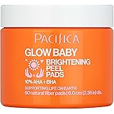 Pacifica Glow Baby Brightening Peel Pads 10% AHA + BHA Exfoliating Face Pads for Glowing Skin Resurfacing Glycolic Acid & Salicylic Acid Pad to Smooth Texture & Minimize Pores Fragrance Free 60 Count