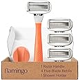 Flamingo Razors for Women, 1 Women's Razor Handle (Papaya), 4 Razor Five-Blade Refills, and 1 Shower Holder