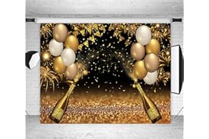 QIAN Black Golden Balloons Photography Background Gold Champagne Bokeh Photo Backdrops for Graduation Prom Holiday Party Supplies Father's Day Birthday Decoration Studio Props Banner 7X5ft