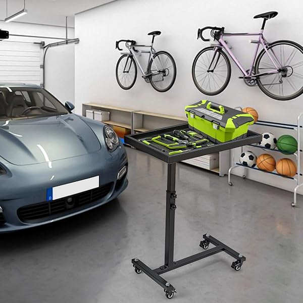 OLBRUS ADJUSTABLE WORK TABLE WITH WHEELS, MECHANIC ROLLING TOOL TRAY TABLE FOR GARAGE REPAIR SHOPS DIY, 220LBS CAPACITY MOBILE HEAVY DUTY STEEL TOOL CART (BLACK)