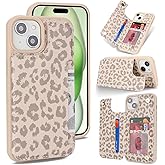 iCoverCase Compatible with iPhone 15 Wallet Phone Case with Card Holder for Women Men, [RFID Blocking] Card Slots PU Leather Protective Wallet Case 6.1 Inch (Beige Leopard)
