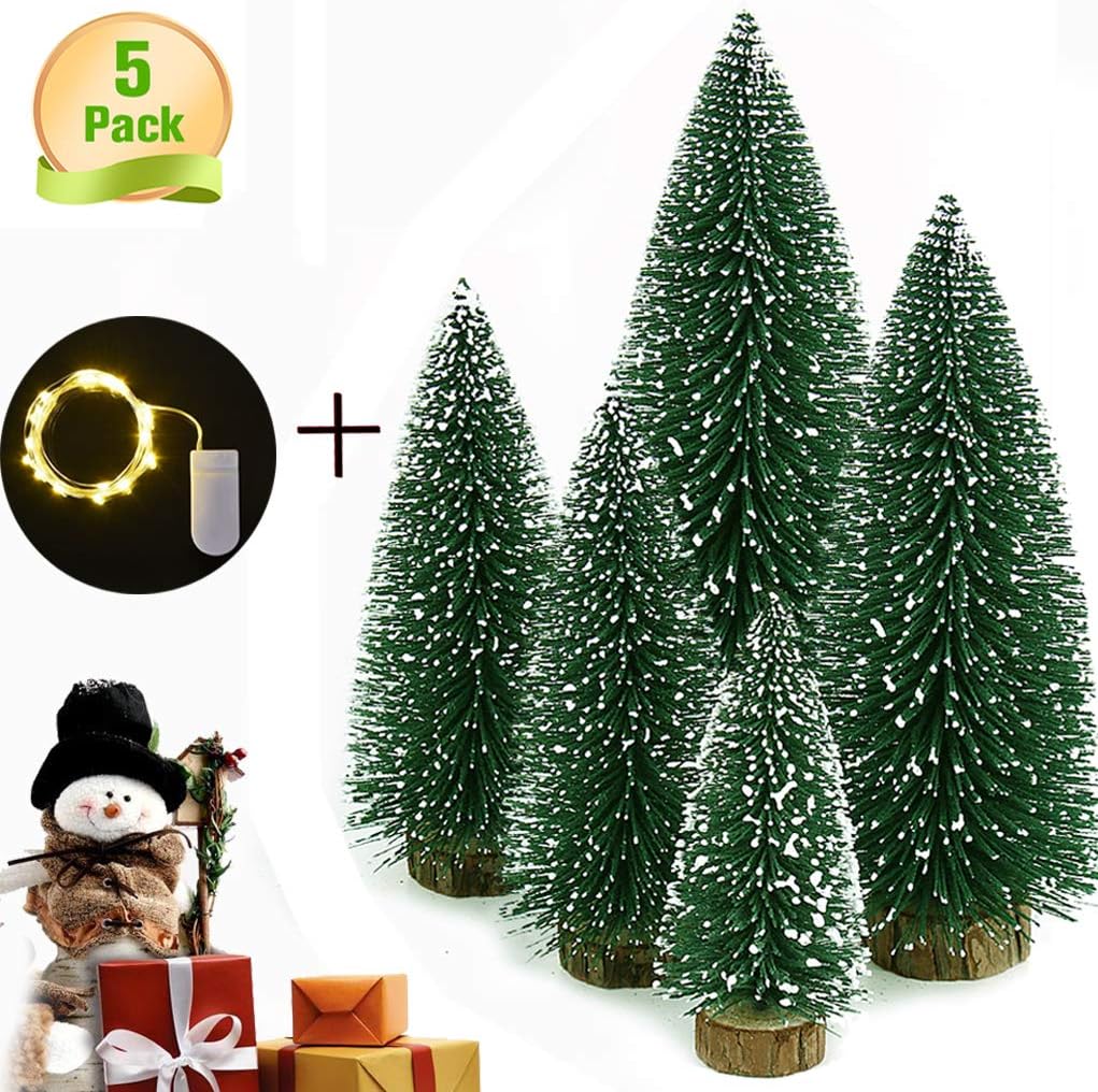 EAHUHO 5Pcs Mini Christmas Trees Artificial Sisal Trees Snow Frost Ornaments with Led for Christmas Crafting and Party Home Decoration