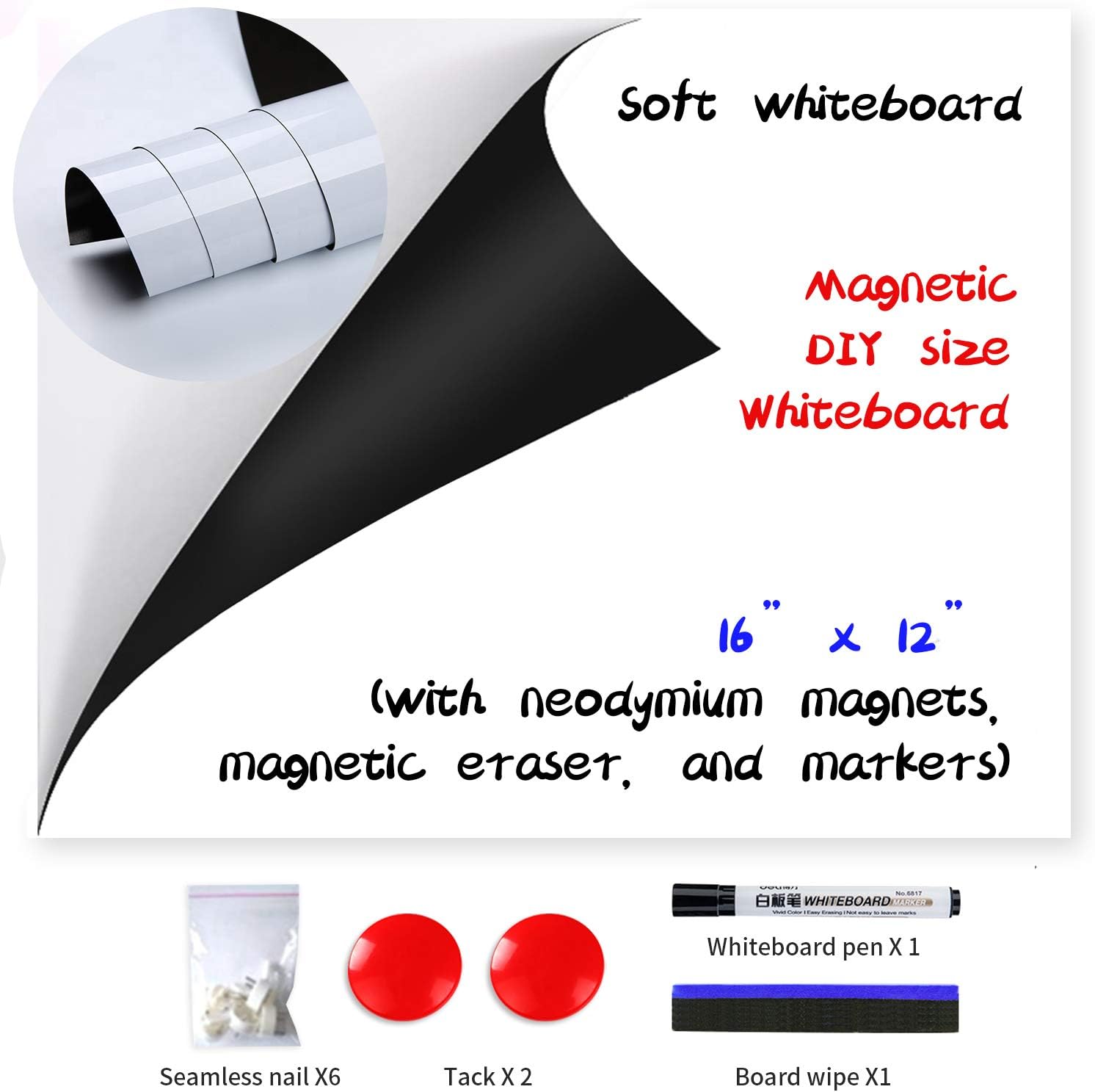 MDHAND Magnetic Dry Erase Board, Magnetic Whiteboard for Wall/Fridge, Self-Adhesive Dry Erase Whiteboard for for Home, Office, Kids Drawing Board