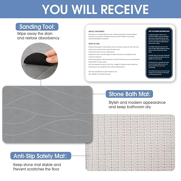 VEELOIM STONE BATH MAT DIATOMACEOUS EARTH SHOWER MAT NON-SLIP SUPER ABSORBENT DIATOMITE STONE BATH MATS FOR BATHROOM FLOOR QUICK DRYING NATURAL EASY TO CLEAN(23.6”×15.4″ GRAY)