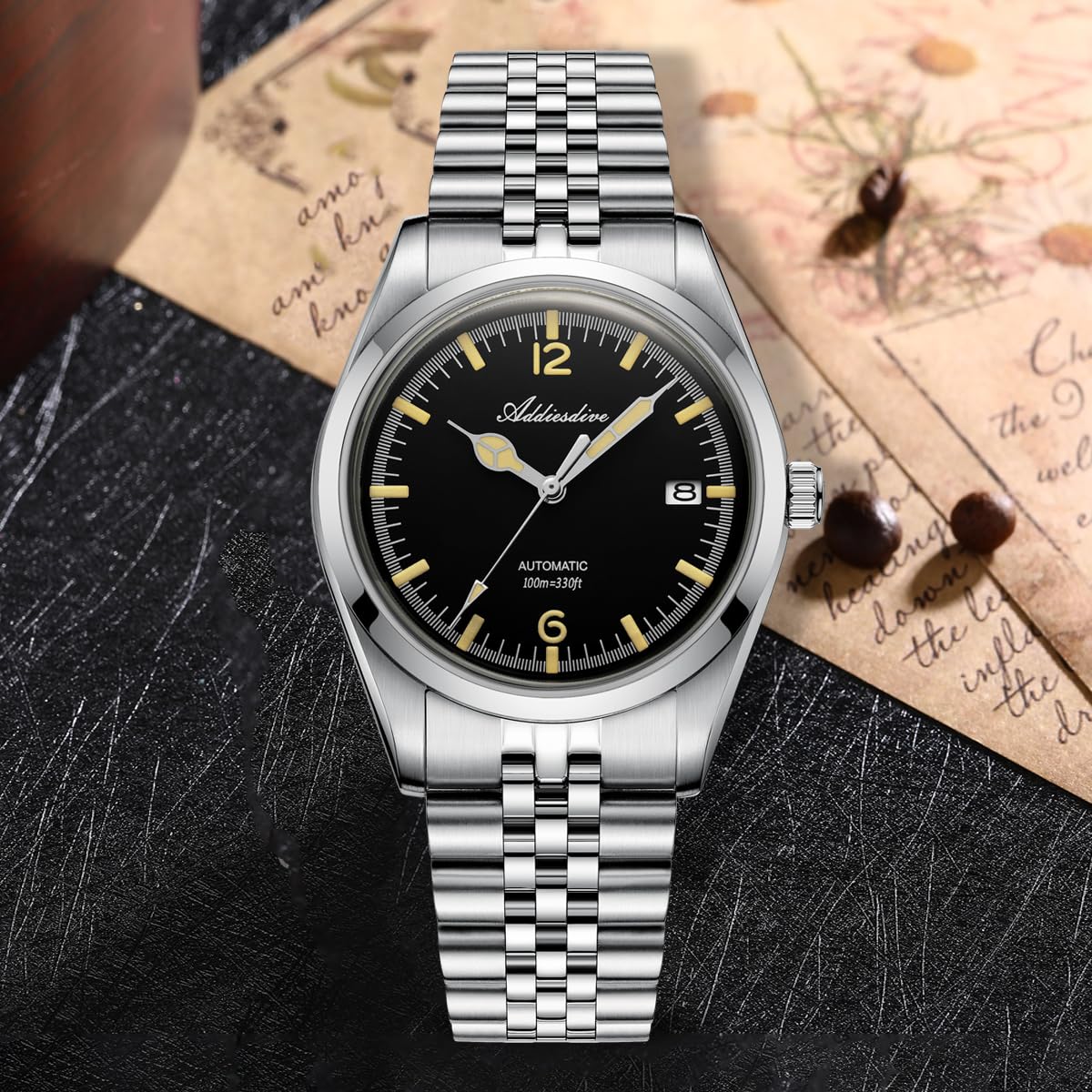 ADDIESDIVE 39 MM Luxury Mechanical Watch for Men Automatic NH35a Matte Black Dial Convex Glass Retro Luminious Steel