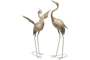 TERESA'S COLLECTIONS Garden Decor, Set of 2 Cranes Garden Decor, 33-39", Elegant Cranes with Golden Painting, Waterproof Metal Garden Statue, Herons Gifts Birthday Gifts for Women Mom