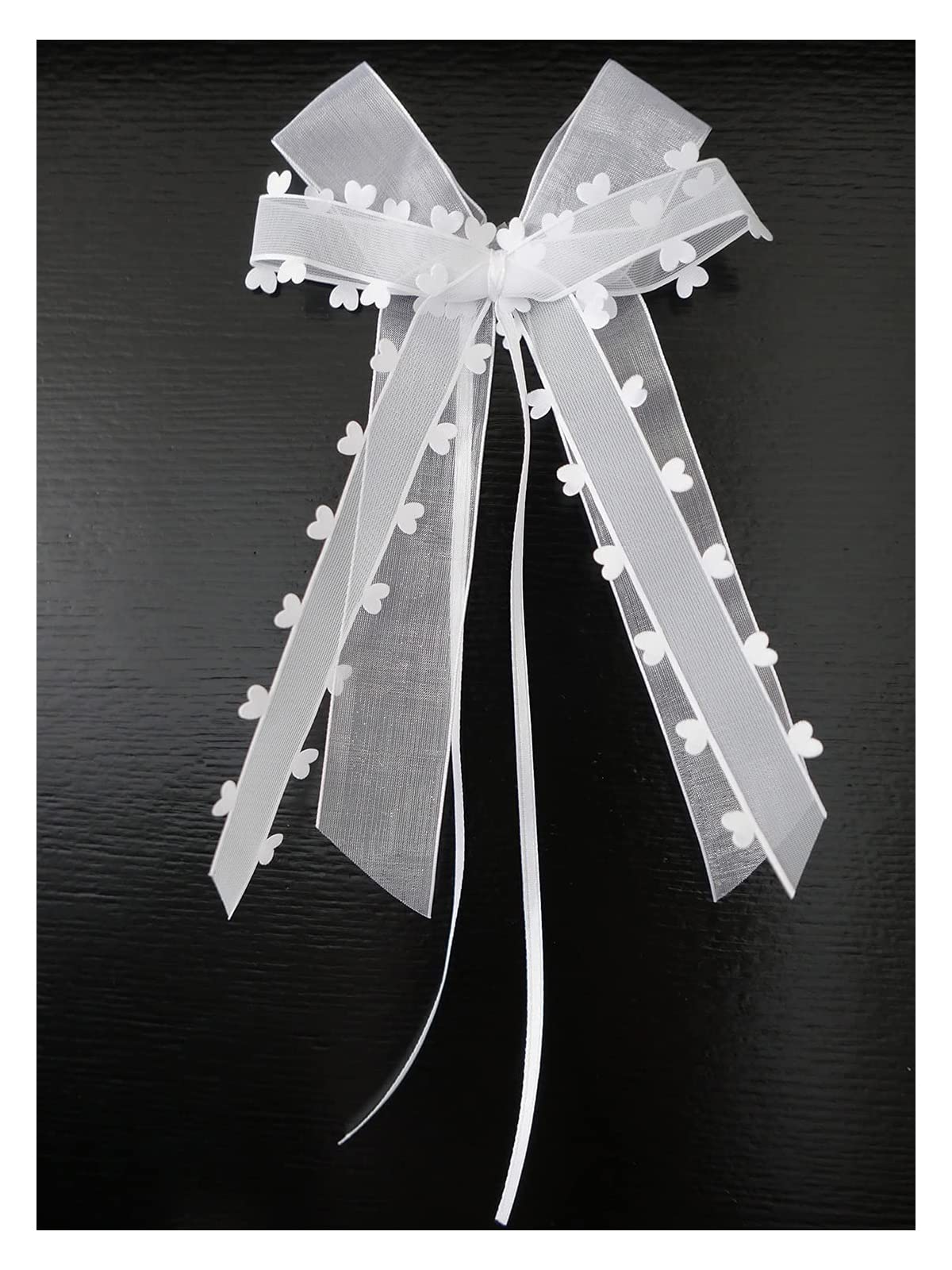 Duories Pack of 10 Organza Hearts Car Bows - White, Wedding, Birthday, Valentine's Day, Christmas, Thanksgiving, Baby Shower - Romantic Occasion - Organza Material - 11.5cm W x 16cm L