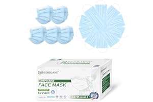 EG EcoGuard Disposable Face Masks Made in USA, 4 Ply for Families, Students, Breathable All-Day Wear & Safety, FSA HSA Eligible, ASTM Level 3 Medical Grade (Resealable Bag, Light Blue, 50 Pack)