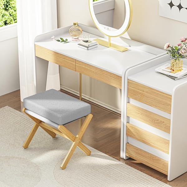 BAMBOOHOMIE FOLDABLE FOOT STOOL OTTOMAN, MODERN FOOT REST WITH BAMBOO X LEGS & THICK FOAM CUSHION, FOLDING FOOT STOOLS SMALL PADDED FOR BEDROOM LIVING ROOM, FOOTSTOOL FOR CHAIR COUCH (NATURAL – GREY)