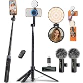 yAyusi 3-in-1 Magnetic Vlogging Kit for iPhone/Android, YouTube Starter Kit, Magnetic Tripod/Microphone/Remote Control, 71" Selfie Stick with Light for YouTube Starter Content Creator Essentials Kit