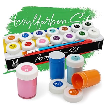 int!rend Acryl Farben Set Künstlerfarben mit Pinsel 14 Acrylfarben x 18 ml für Kinder & Erwachsene, wasserfest für Leinwand, 