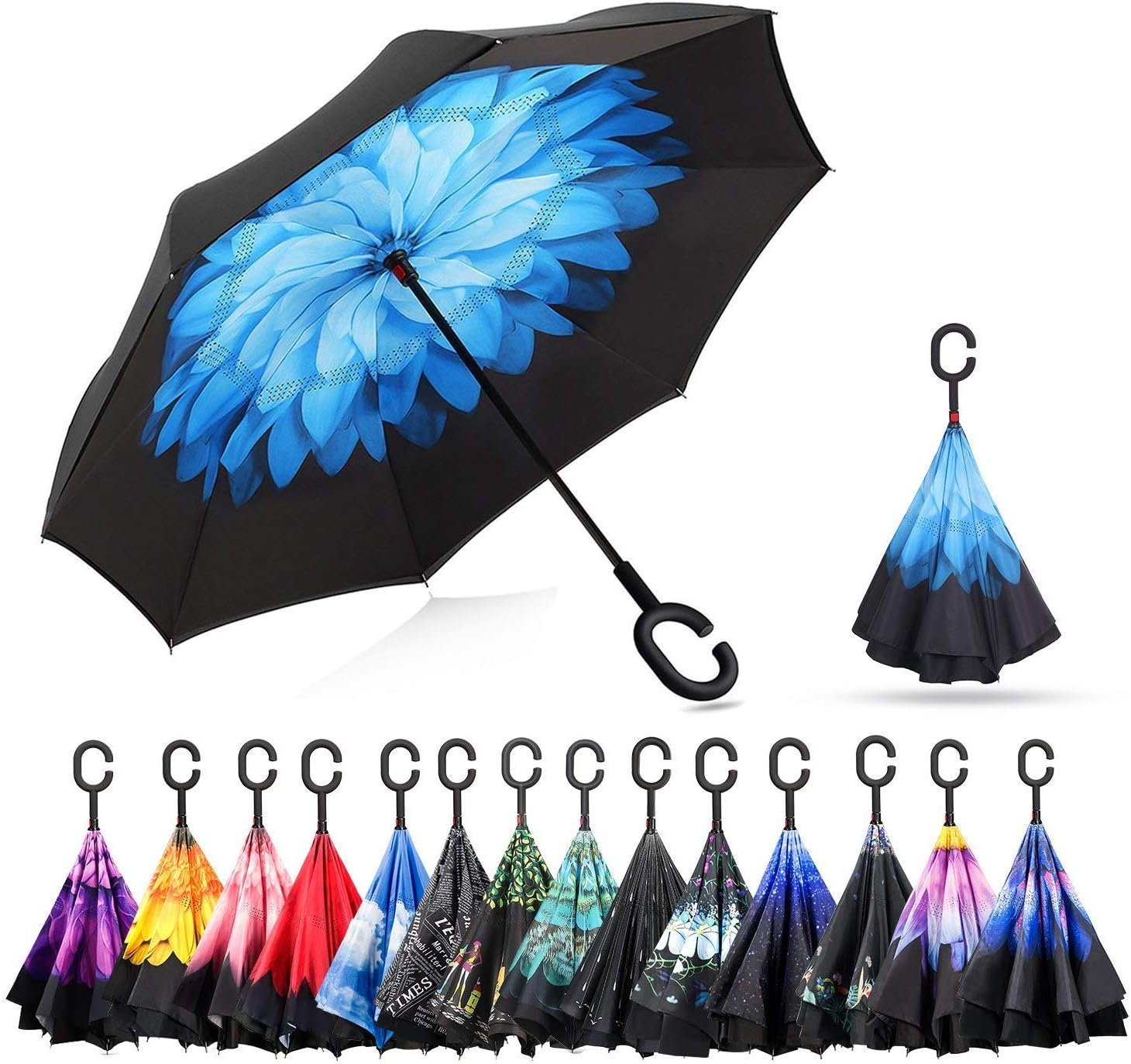 Double Layer Inverted Umbrella, C Shape Handle Reverse Folding Umbrella, Anti-UV Windproof Travel Umbrella with Carrying Bag