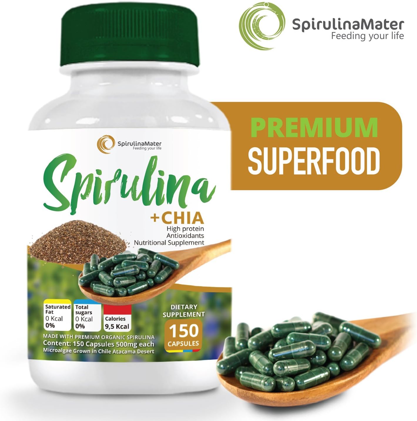 Spirulina Capsules + Chia 500 mg 150 Ct by SPIRULINA MATER- Blue Green Algae Superfood - High Protein Supplement - Organic, Vegan, Gluten Free & Non GMO - Not Chlorella