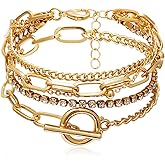 MOONDKIST 14K Gold Plated Layered Bracelet Set for Women, Boho Stackable Crystal Link Chain Bangles, Stacked Gold Bracelets Elegant Jewelry Gift for Wedding, Anniversary, Birthday