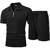JMIERR Men's 2 Piece Waffle Knit Outfit Half Zip Polo Shirt and Shorts Textured Summer Set