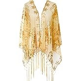 L'VOW Women's Glittering 1920s Scarf Mesh Sequin Wedding Cape Fringed Evening Shawl Wrap