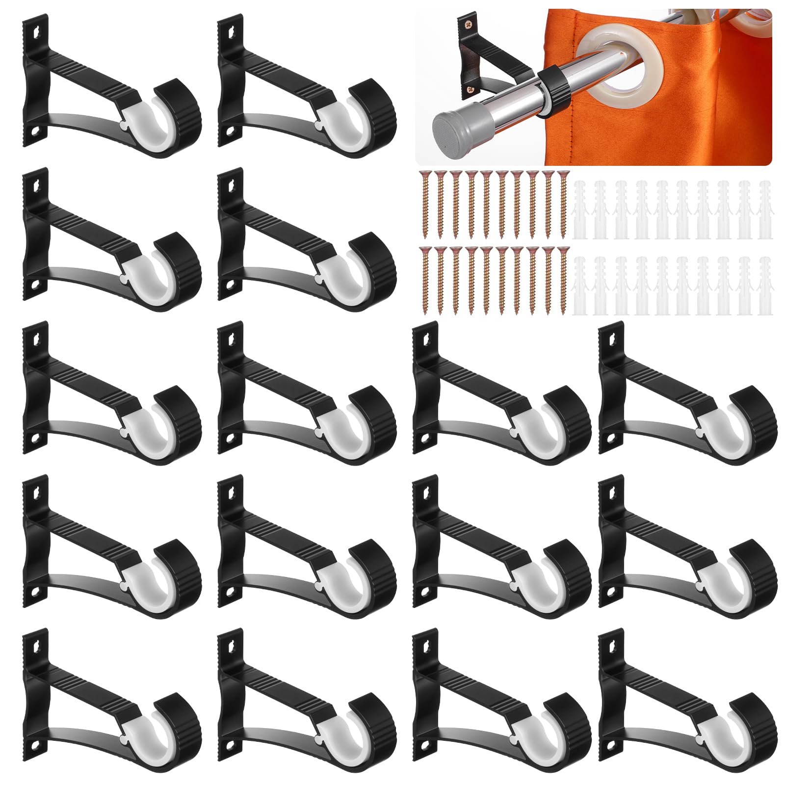 Photo 1 of 16 Pcs Curtain Rod Bracket, Heavy Duty Curtain Rod Holders, Black Rods Hooks Hangers for Wall, Drapery Rod Support Brackets for 1 Inch Drape Poles