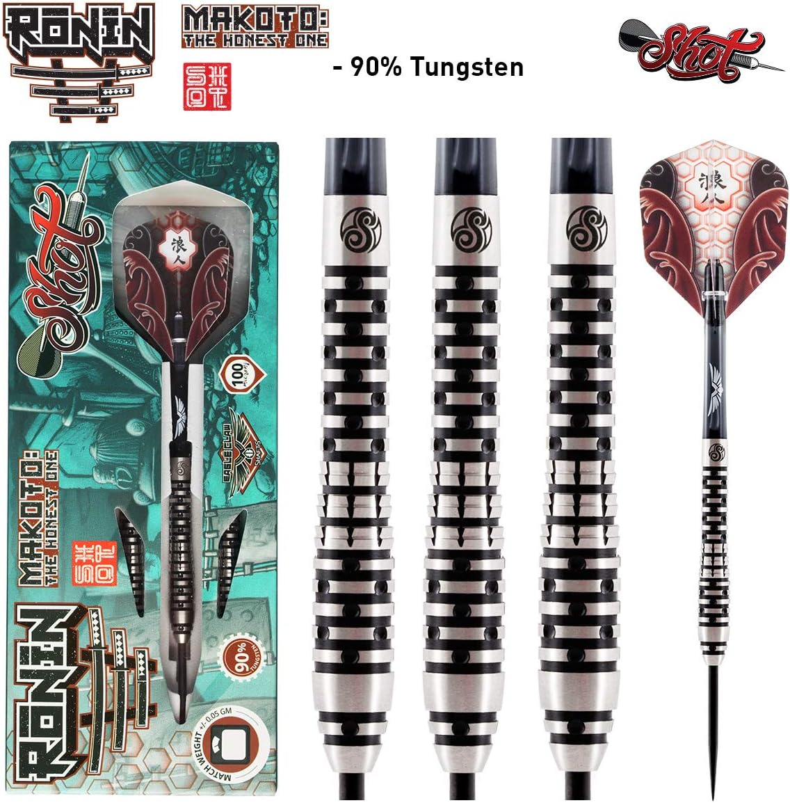 Shot! Darts Ronin Makoto-Steel Tip Dart Set-Front Weighted-90% Tungsten Barrels
