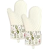 Slohif Long Silicone Oven Mitts Heat Resistant for Women - 2 Pcs Beige Floral 100% Cotton Oven Gloves, Non-Slip and Waterproof Silicone Oven Mitts with Hanger for Baking and Cooking