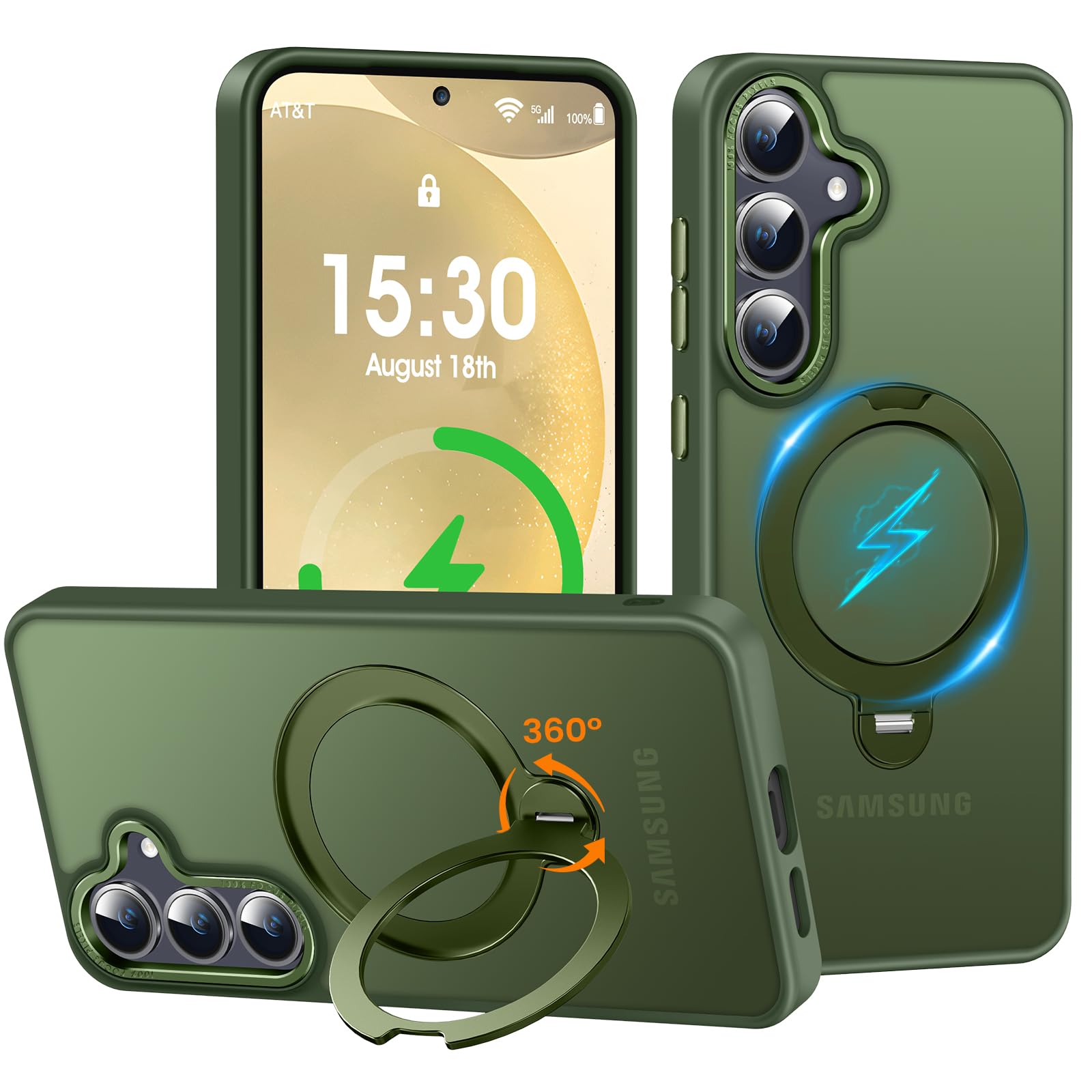 Photo 1 of PuyaTeya 360° Spin Magnetic Ring Stand for Samsung Galaxy S24 Case, Military-Grade Drop and Shock, Supports Magnetic Charging, Translucent Matte Phone Case for Samsung S24 (Matte Green)