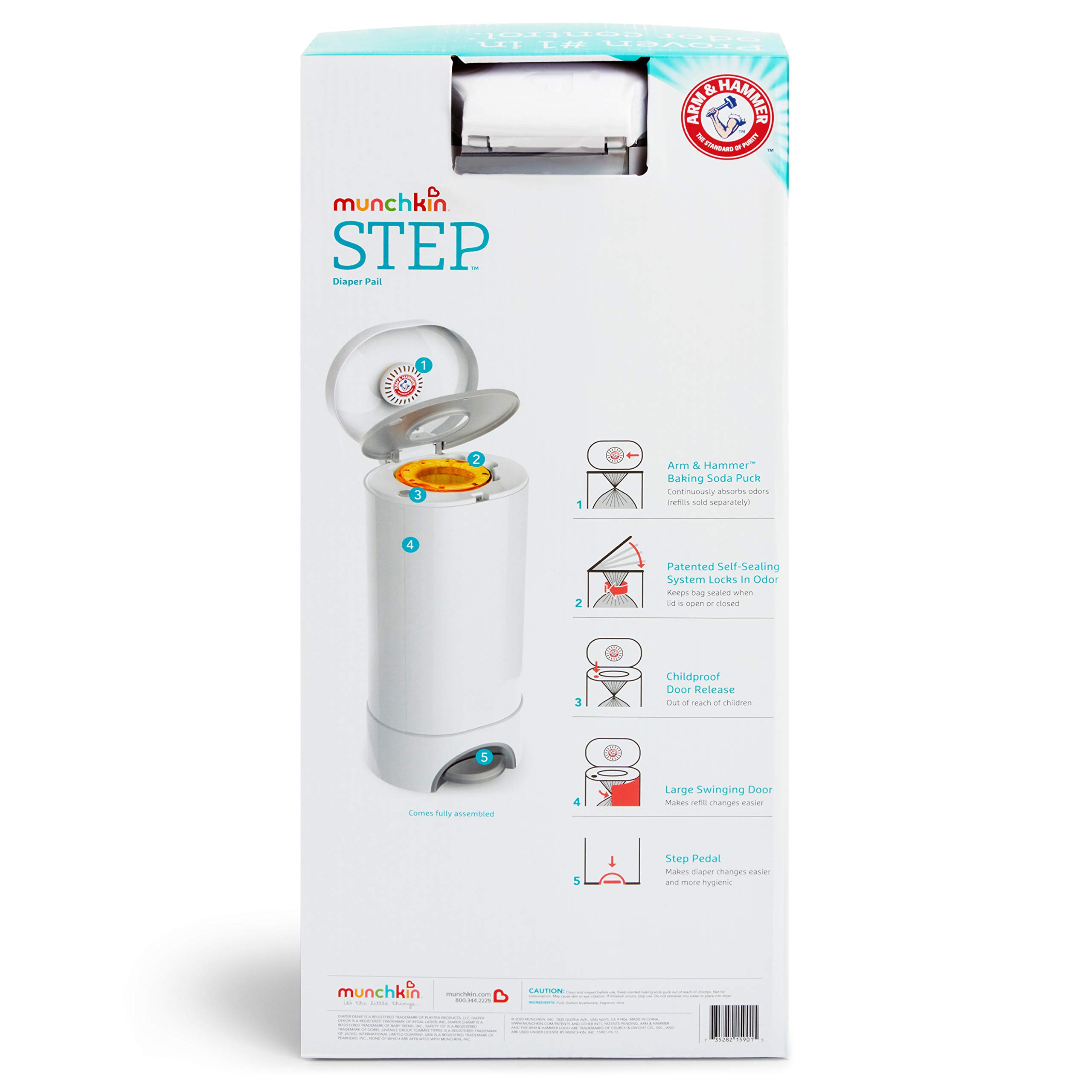 Munchkin STEP? Diaper Pail Powered by Arm & Hammer, #1 in Odor Control, Award-Winning, Includes 1 Snap, Seal & Toss? Bag, 1 Starter Refill Ring, and 1 PUCK? Baking Soda Cartridge
