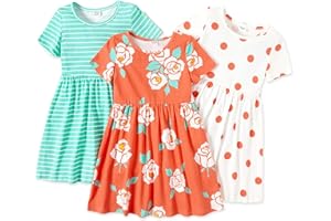 PATPAT Toddler Girl Floral Skater Multipack Dresses 3-Pack Polka Dots Short Sleeve Priness A-line Dress