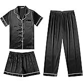 Ekouaer Silk Pajamas for Women Set Satin Pjs Soft Short Sleeve Button Down Sleepwear 3 Piece Loungewear S-XXL