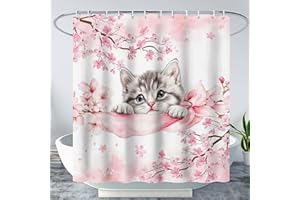 AILONEN Kawaii Cat Shower Curtain for Bathroom,Cute Animal Kitten Pet Floral Pink Rose Blossoms Waterproof Fabric Bath Curtain with Hooks,72" Wx72 H