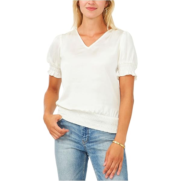 Vince Camuto Womens Ivory Smocked Silk Short Sleeve V Neck