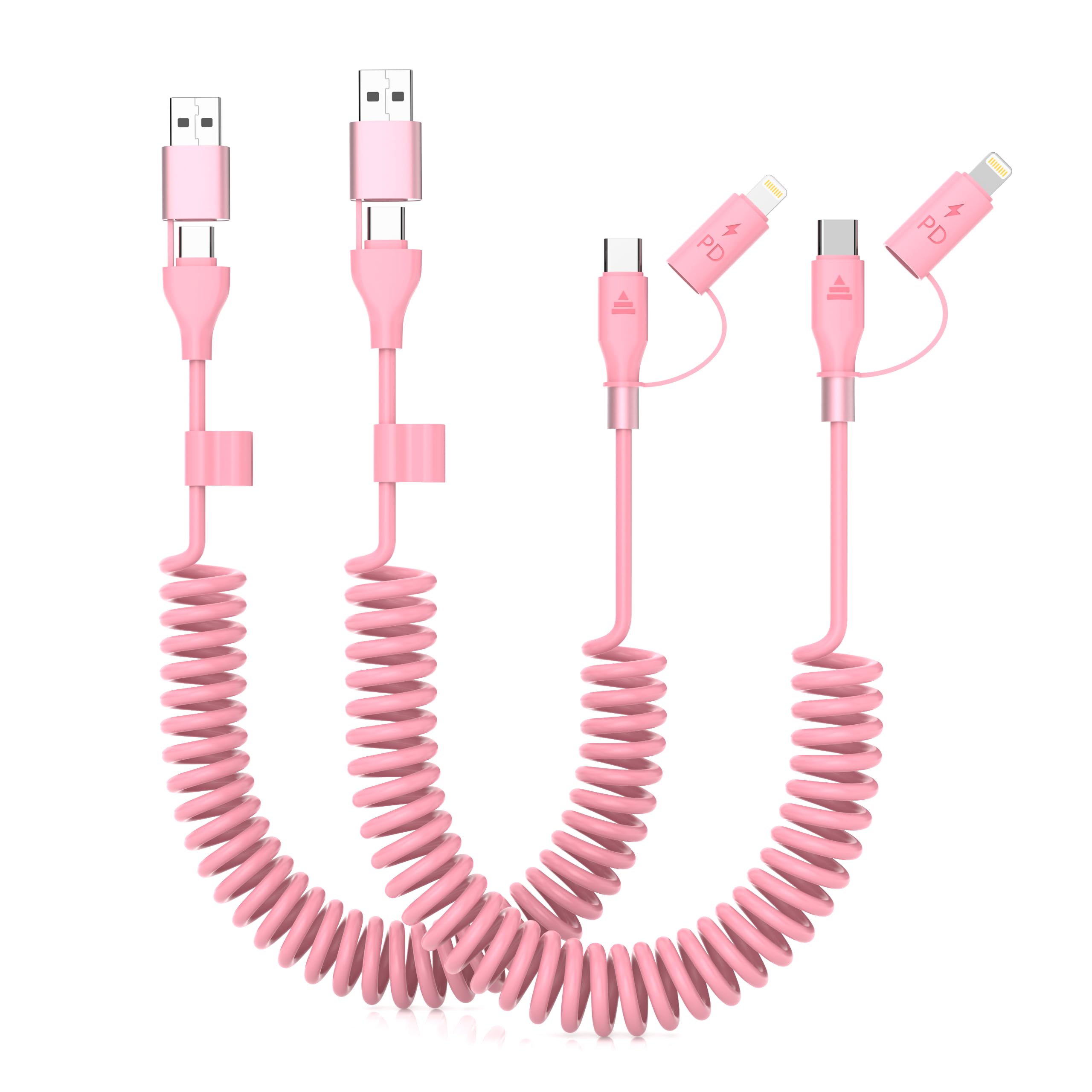 Photo 1 of Coiled USB C and Lightning Cable,Pink Car Accessories Car Charger USB C 3FT iPhone 15 16 Carplay Charger Cord 60W Fast Charging Cable Short Cute Charger Cord Supports Apple CarPlay & Android Auto