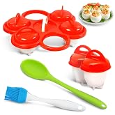 Silicone Hard Boiled Egg Cooker No Shell, 6 Egg Molds with Lids | 6 Silicone Cups with Lids, Holder Stand, Brush and Spoon; Stovetop Use, Not for Microwave; Top-Rack Dishwasher Cleanup