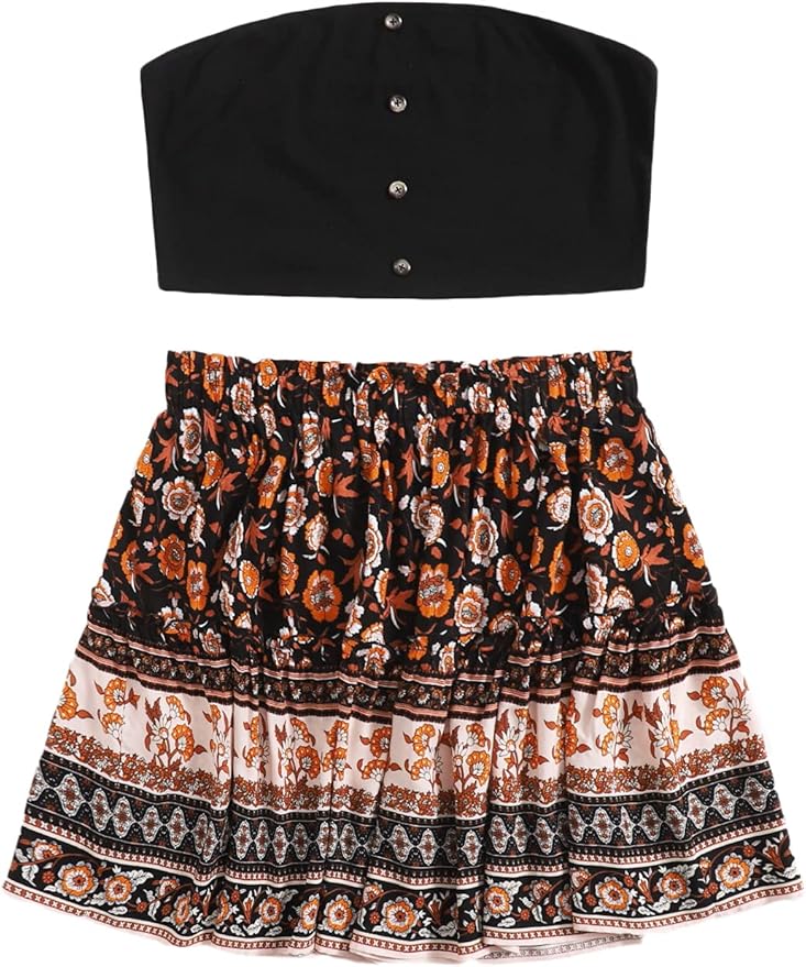 SheIn Conjunto de top de tubo corto con botones y falda floral bohemia