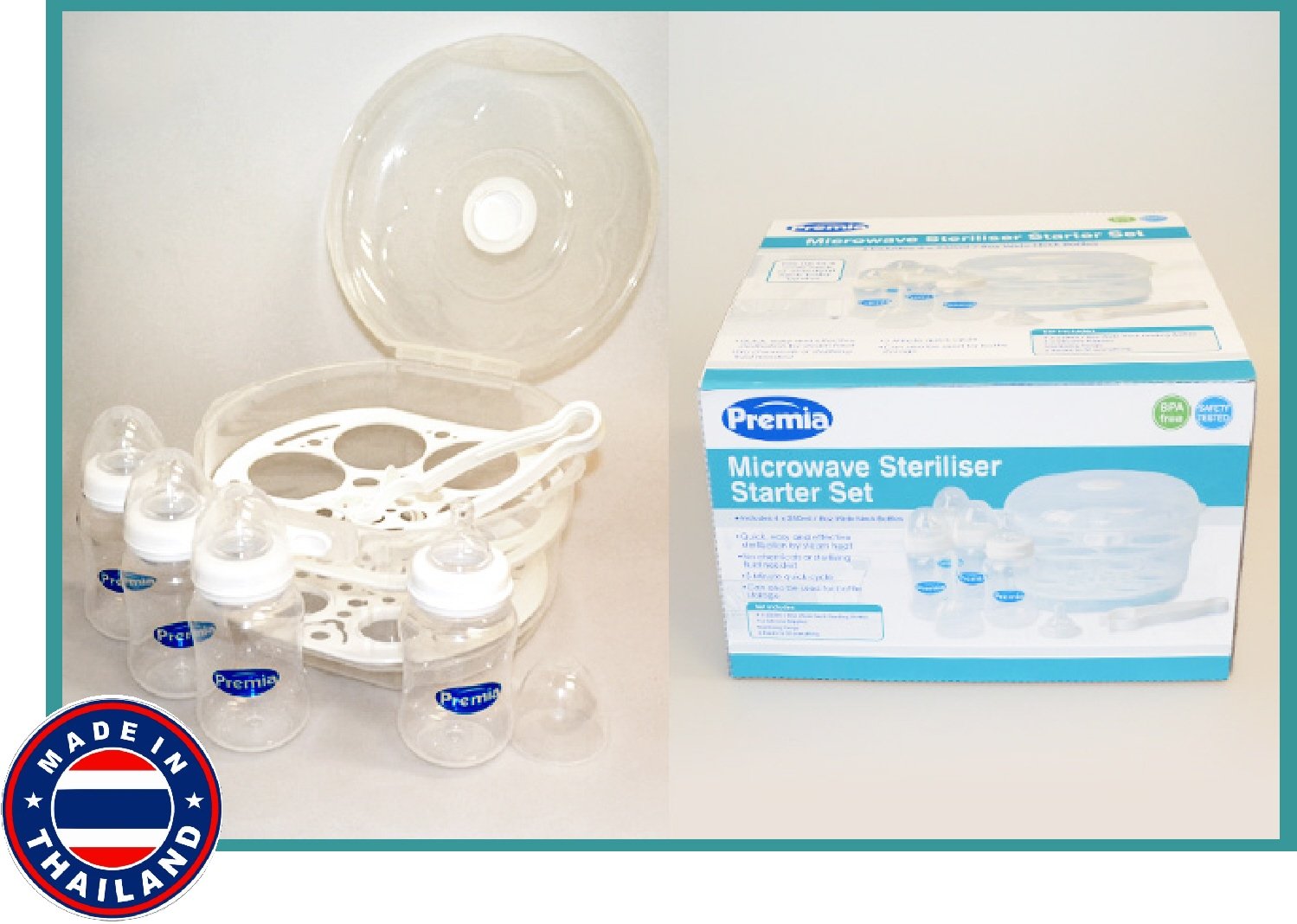 Premia Deluxe Microwave Steam Sterilizer Starter Set Includes 4 (8oz/250ml) Wide Neck Baby Bottles, Sterilizing Tongs & 2 Racks -Fits up to 6 Wide Neck or Standard Size Bottles : Baby