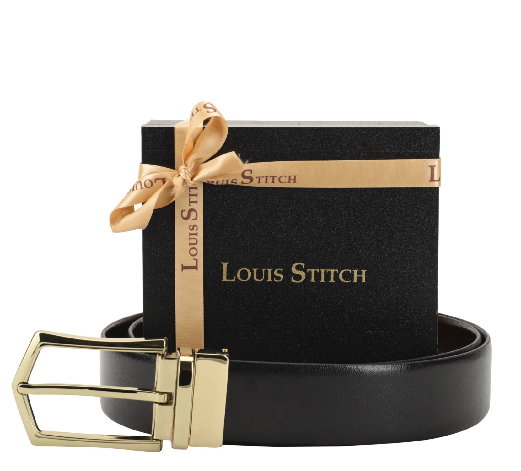 LOUIS STITCH Men's Reversible Black and Brown Italian Leather Belt with Golden Buckle (Prague_PLGD)