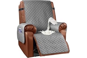Granbest Waterproof Recliner Chair Cover with Pockets, Non-Slip Recliner Slipcover, Washable Reclining Chair Cover with Elastic Straps,Furniture Protector for Pets (Recliner, LightGray)