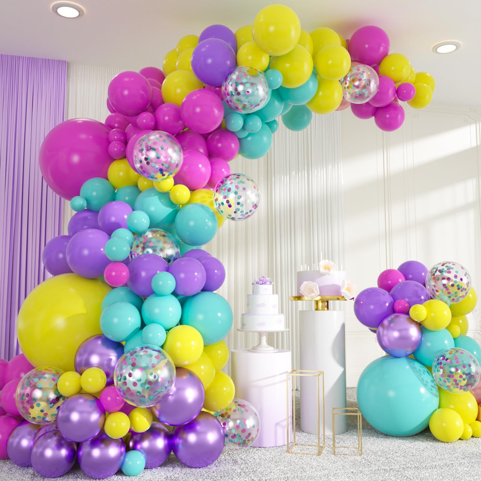 Photo 1 of 137pcs Purple Pink Blue Balloons, 18/12/10/5inch Hot Pink Metallic Purple Teal Yellow Confetti Balloons for Kids Birthday Mermaid Baby Shower Unicorn Party Supplies