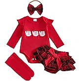 BHGHB My First Baby Girl Christmas Outfit Long Sleeve Romper Plaid Skirt Shorts Headband Sets Newborn Christmas Clothes