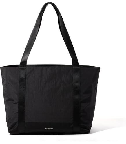 baggallini travel tote bag Carryall Daily Crafted to be Clean Unlined tote bag folds up into 9h x 12w front pocket for easy storage Tote bag bottom section expands 4.75 10 Shoulder drop Luggage sleeve Interior organization and multifunctional pockets Exterior dimensions Baggallini Carryall Travel Tote Bag,