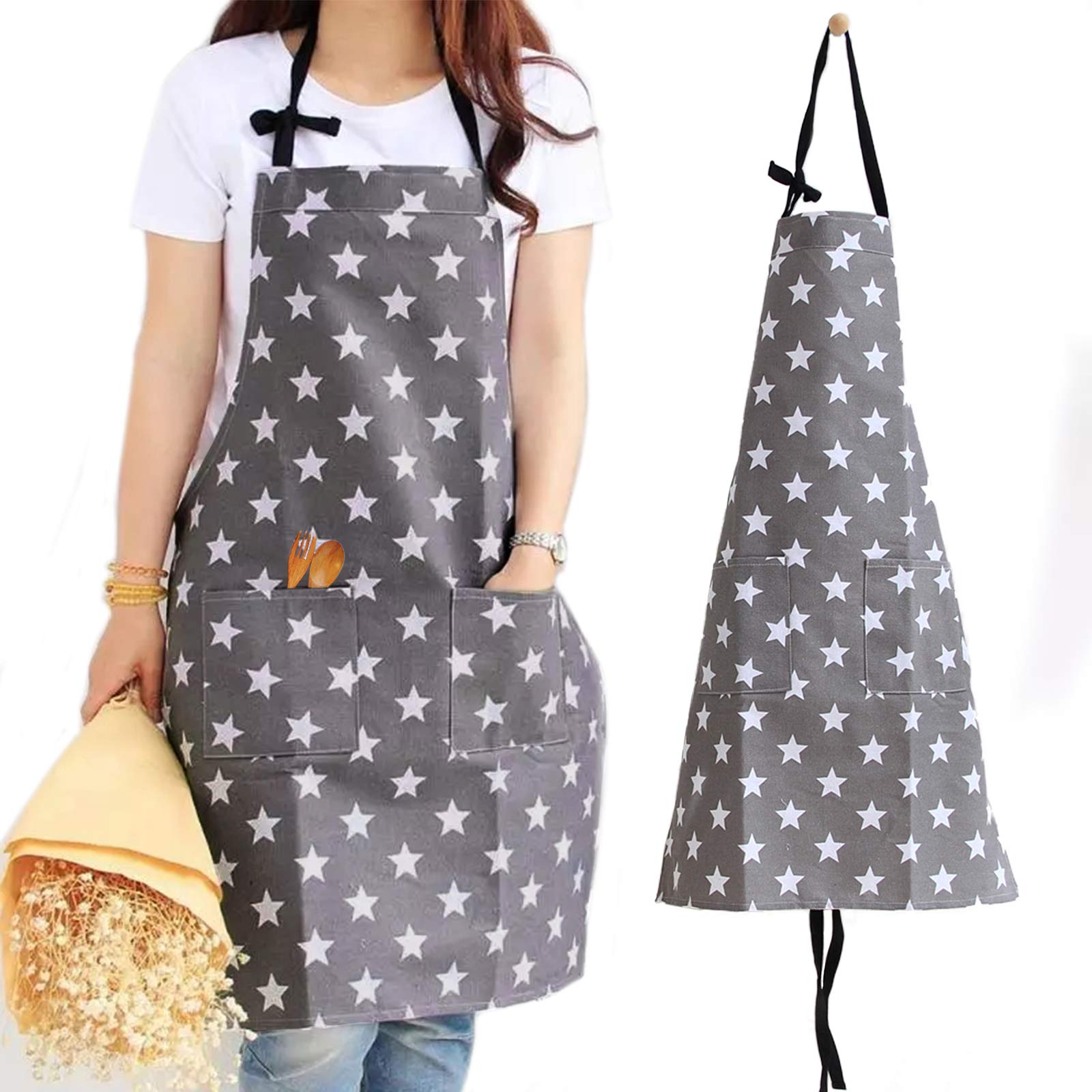 VEGCOO Star Aprons for Women Girls Ladies, Adjustable Cooking Baking Apron Kitchen Bib Apron with 2 Pockets, Cotton Canvas Aprons for Home Kitchen Restaurant Cooking Baking Household Cleaning (Grey)