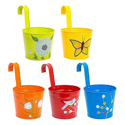 Urban Plant Railing Hanging Metal Pot (Set of 5, Multicoloured)